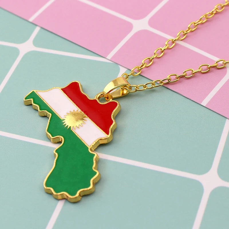 Colorful Kurdistan Map and Flag Pendant Necklace Jewelry For Women Men Birthday Party Fashion Country People Patriotism Gift