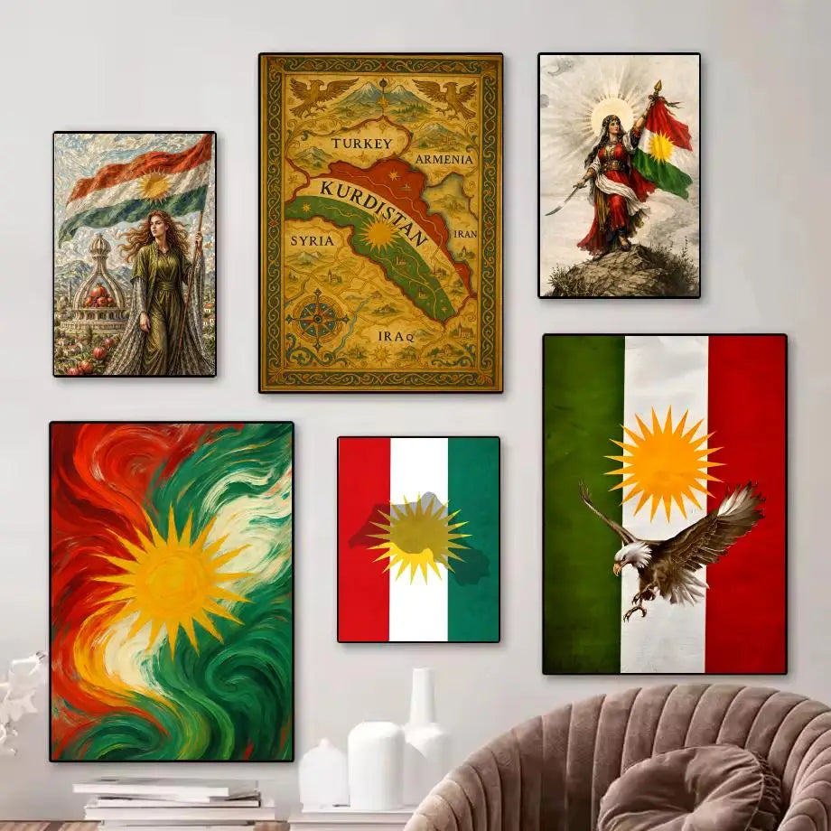 Kurdish flag map Painting Calligraphy pictures Room Home bedroom interior wall decoration Canvas Poster art mural